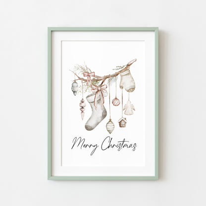 Christmas Print Watercolour Beige white red hanging decorations Wall Art (unframed)