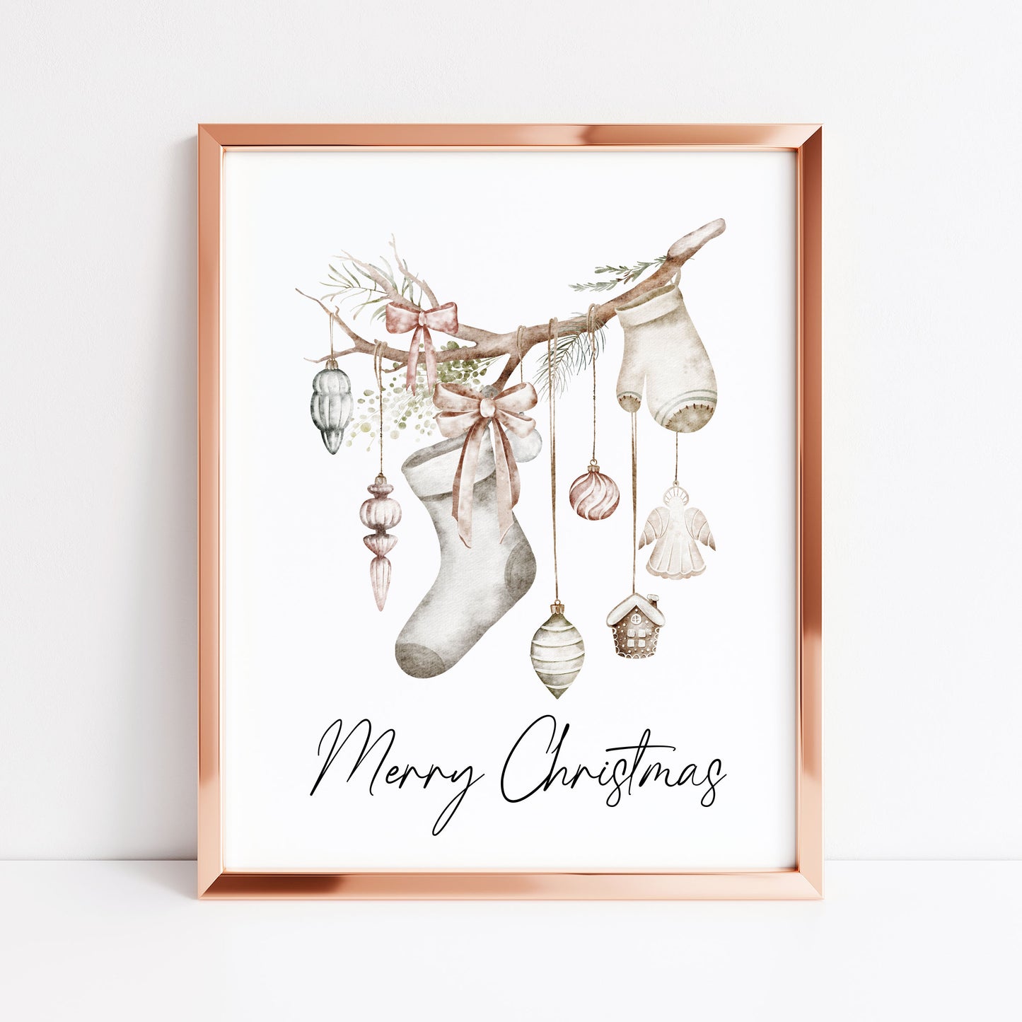 Christmas Print Watercolour Beige white red hanging decorations Wall Art (unframed)
