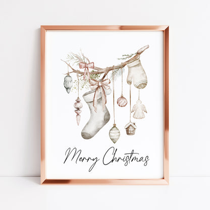 Christmas Print Watercolour Beige white red hanging decorations Wall Art (unframed)