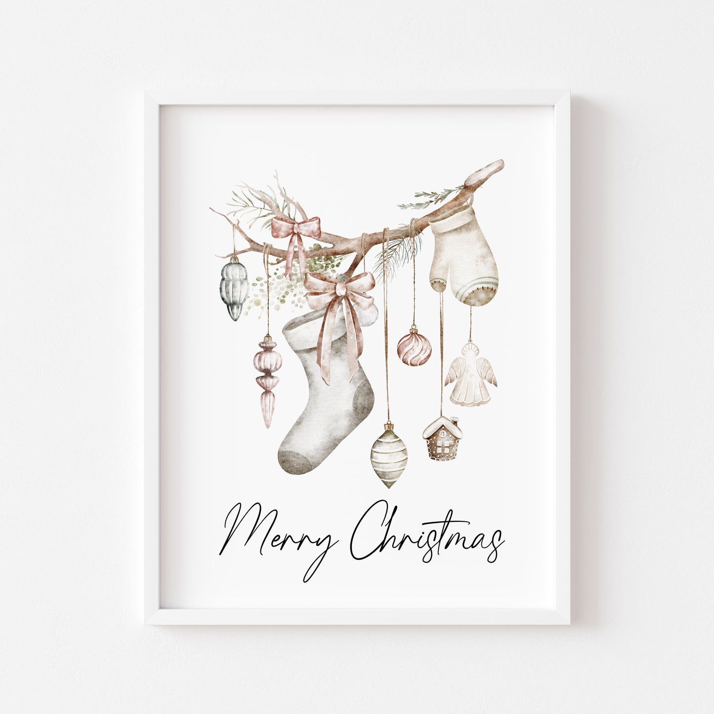 Christmas Print Watercolour Beige white red hanging decorations Wall Art (unframed)
