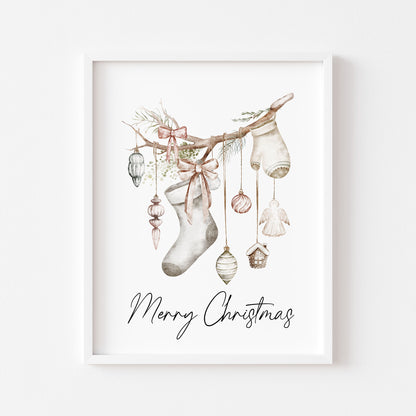 Christmas Print Watercolour Beige white red hanging decorations Wall Art (unframed)
