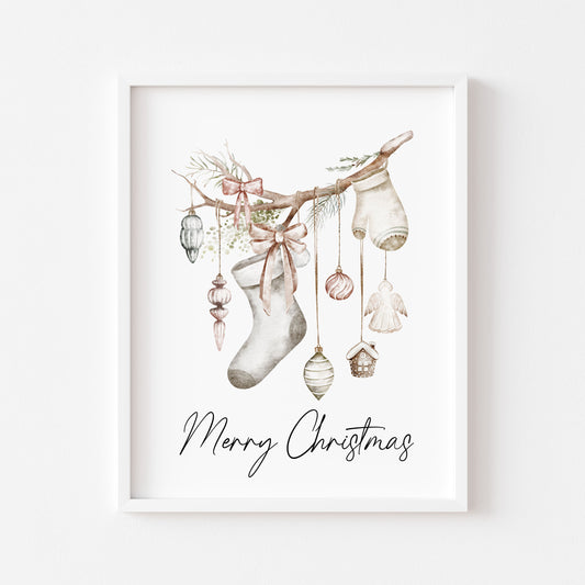 Christmas Print Watercolour Beige white red hanging decorations Wall Art (unframed)