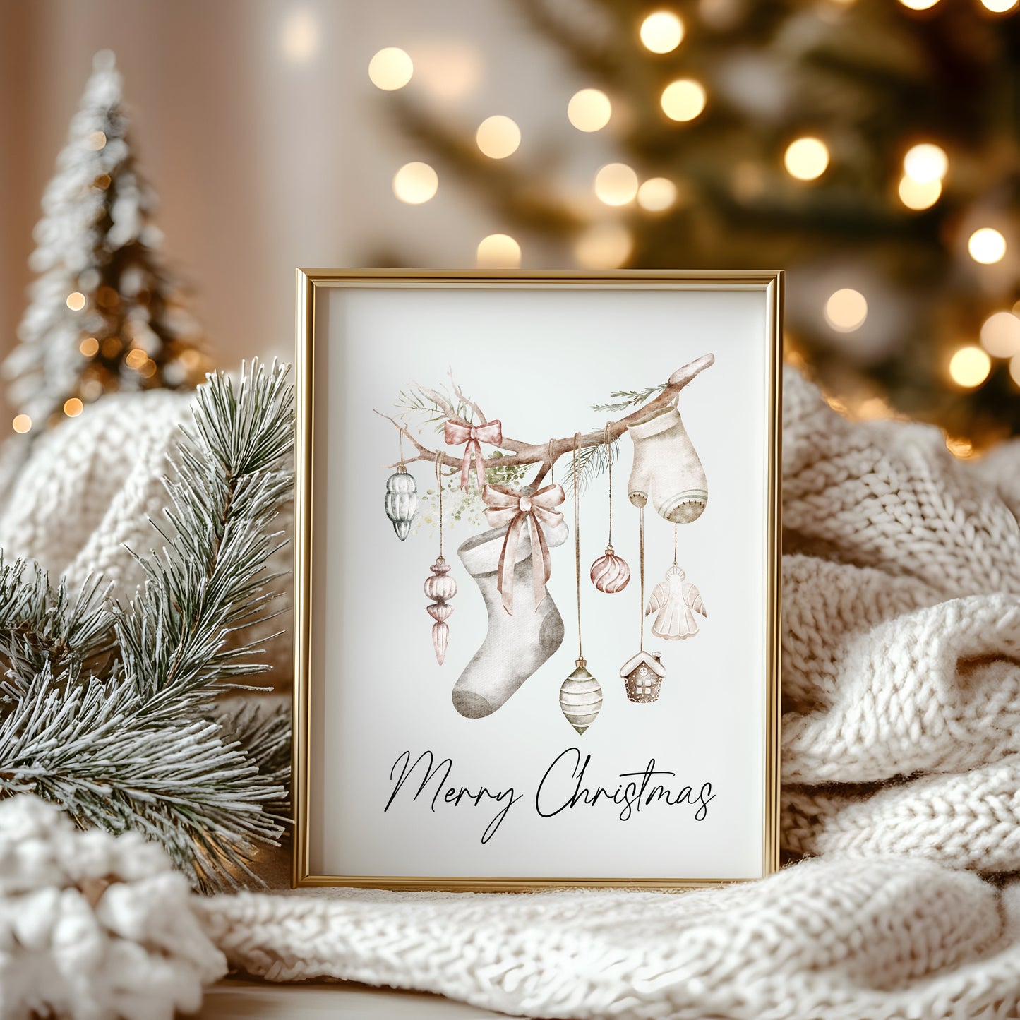 Christmas Print Watercolour Beige white red hanging decorations Wall Art (unframed)