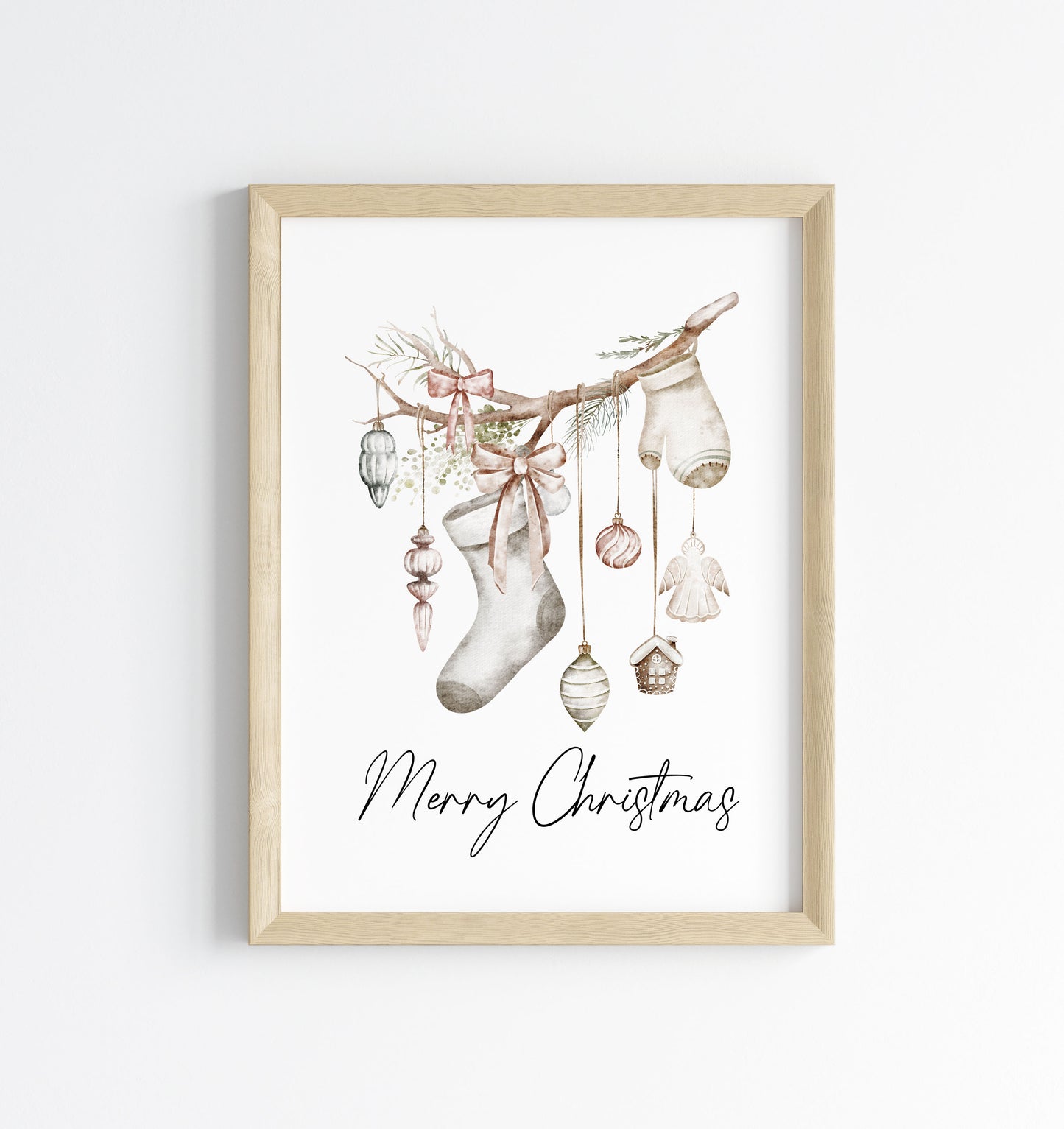 Christmas Print Watercolour Beige white red hanging decorations Wall Art (unframed)