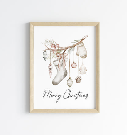 Christmas Print Watercolour Beige white red hanging decorations Wall Art (unframed)