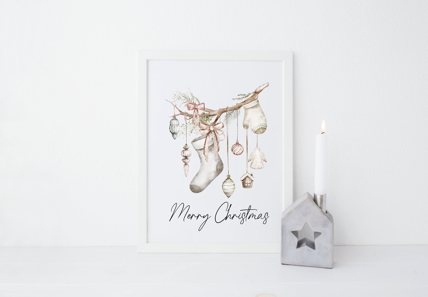 Christmas Print Watercolour Beige white red hanging decorations Wall Art (unframed)