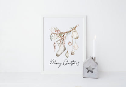 Christmas Print Watercolour Beige white red hanging decorations Wall Art (unframed)