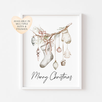 Christmas Print Watercolour Beige white red hanging decorations Wall Art (unframed)