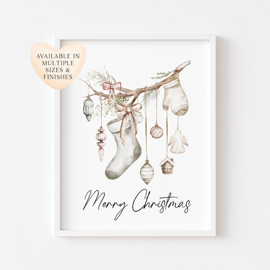 Christmas Print Watercolour Beige white red hanging decorations Wall Art (unframed)