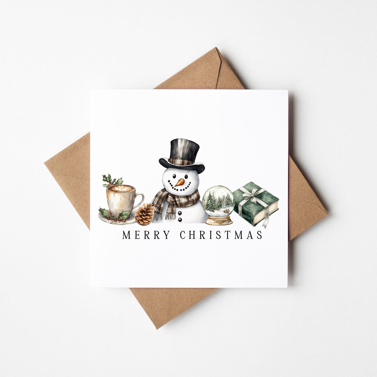 Christmas Card watercolour Merry Christmas Green & Black snowman unique card with envelope