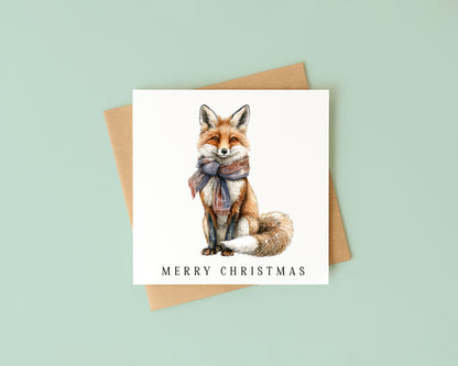 Christmas Card watercolour festive winter fox xmas with envelope