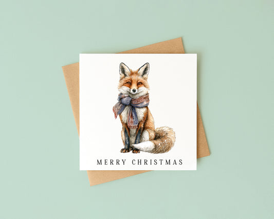Christmas Card watercolour festive winter fox xmas with envelope