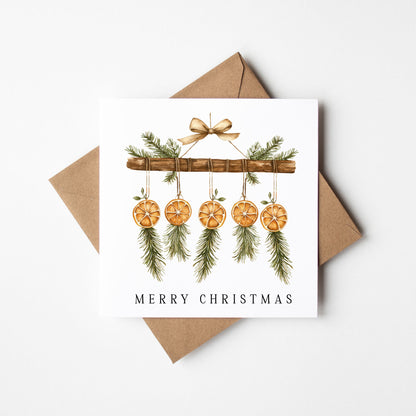 Christmas Card watercolour festive dried fruit orange & beige hanging decoration with envelope