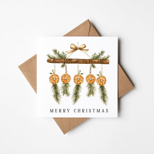 Christmas Card watercolour festive dried fruit orange & beige hanging decoration with envelope