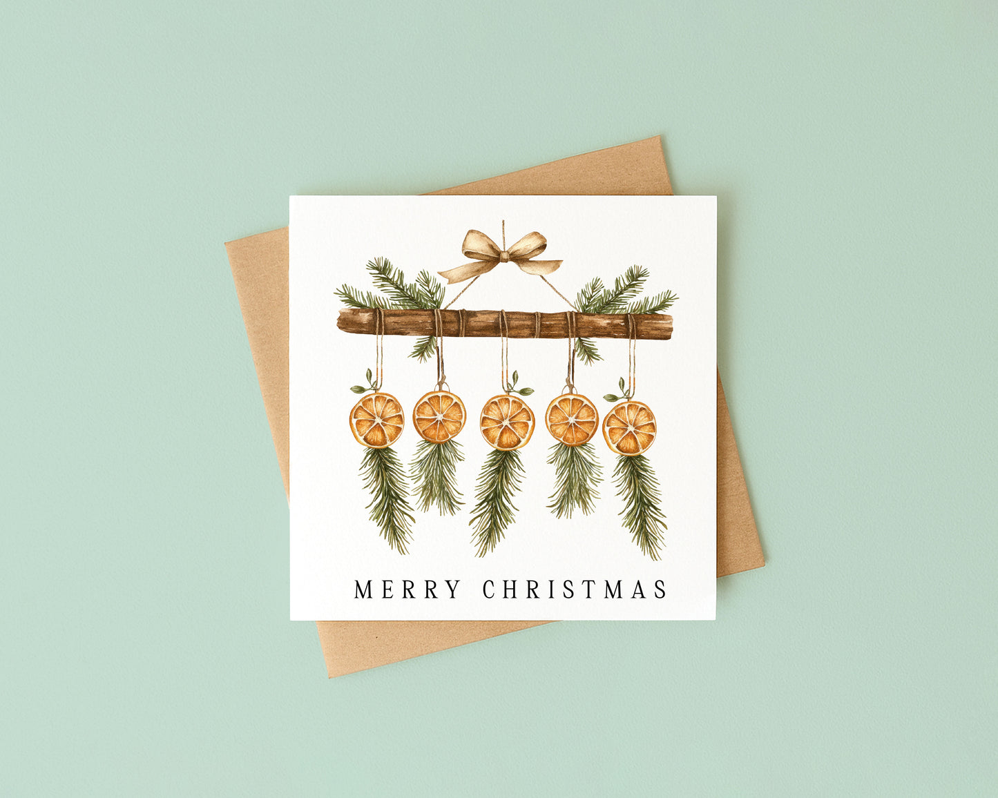 Christmas Card watercolour festive dried fruit orange & beige hanging decoration with envelope