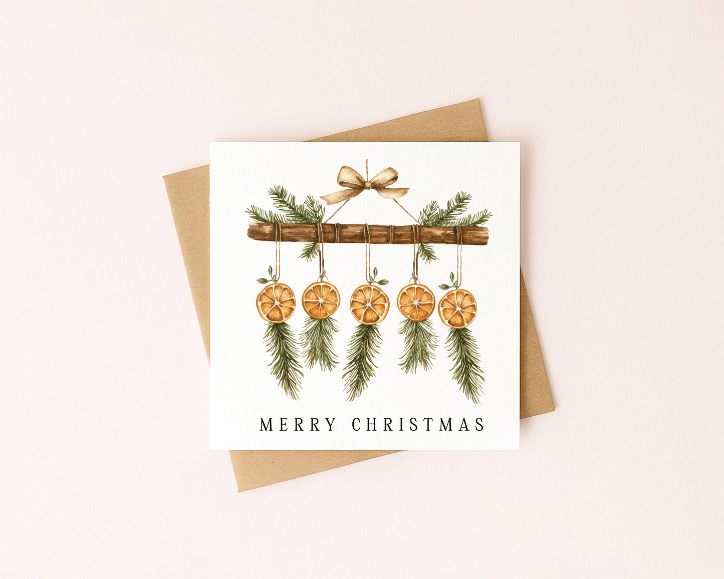 Christmas Card watercolour festive dried fruit orange & beige hanging decoration with envelope