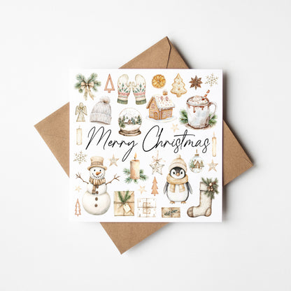 Christmas Card watercolour Merry Christmas beige neutral mood board with envelope