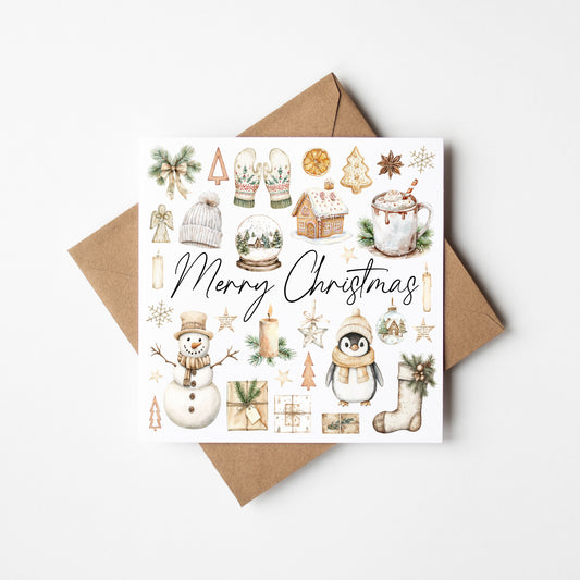 Christmas Card watercolour Merry Christmas beige neutral mood board with envelope