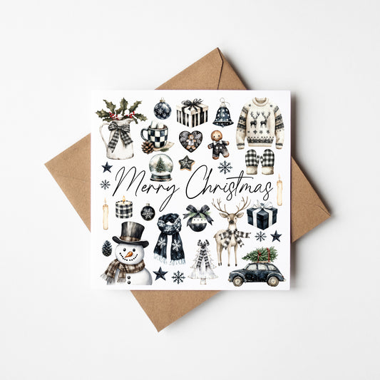 Christmas Card watercolour Merry Christmas black & white monochrome mood board with envelope