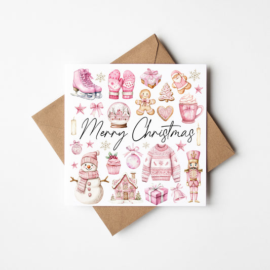 Christmas Card watercolour Merry Christmas pink beige mood board with envelope