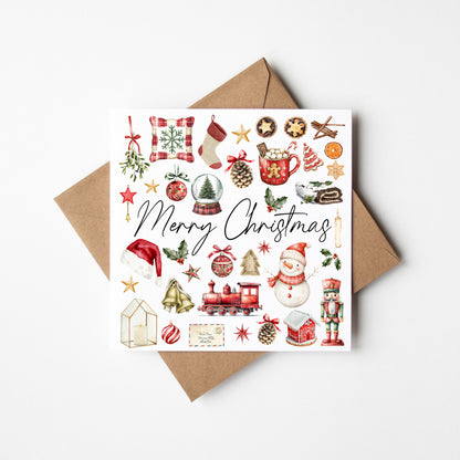 Christmas Card watercolour Merry Christmas red green traditional mood board with envelope