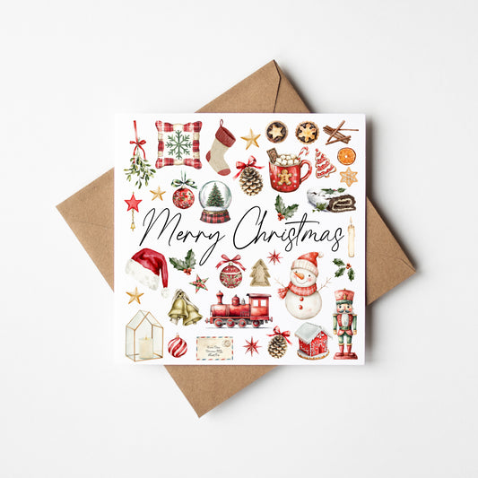 Christmas Card watercolour Merry Christmas red green traditional mood board with envelope