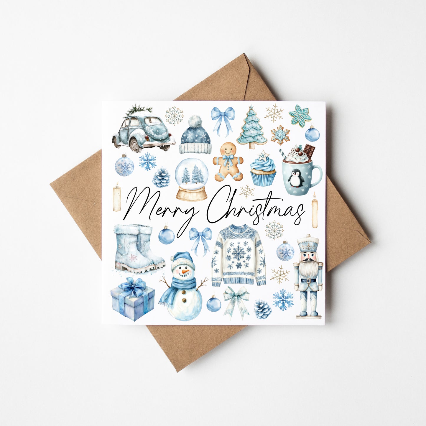 Christmas Card watercolour Merry Christmas blue white mood board with envelope