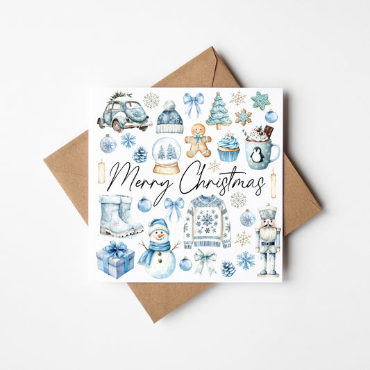 Christmas Card watercolour Merry Christmas blue white mood board with envelope