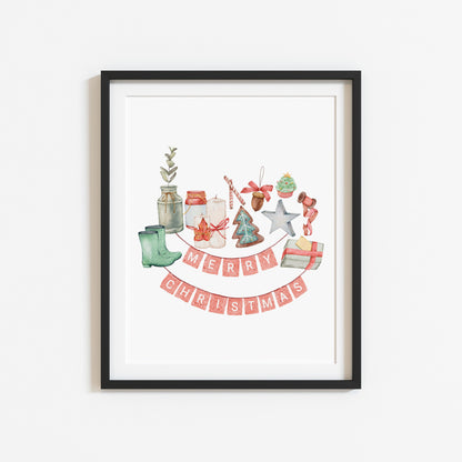 Merry Christmas bunting watercolour xmas collage seasonal unframed wall art poster print