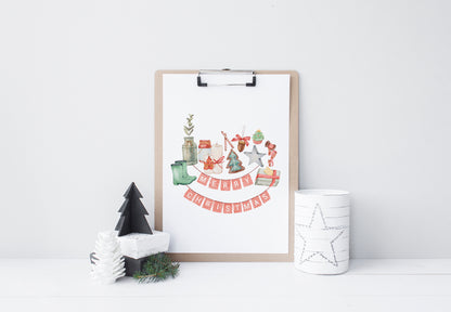 Merry Christmas bunting watercolour xmas collage seasonal unframed wall art poster print