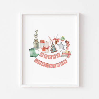 Merry Christmas bunting watercolour xmas collage seasonal unframed wall art poster print