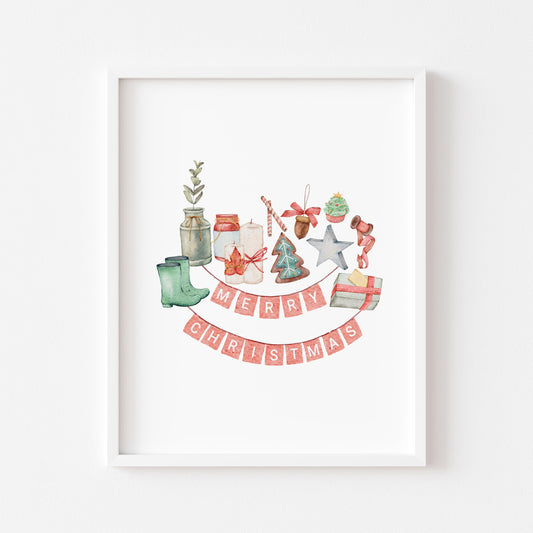 Merry Christmas bunting watercolour xmas collage seasonal unframed wall art poster print