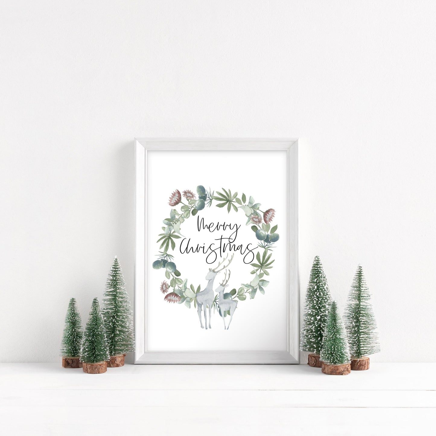 Merry Christmas grey and green reindeer watercolour seasonal unframed wall art poster print