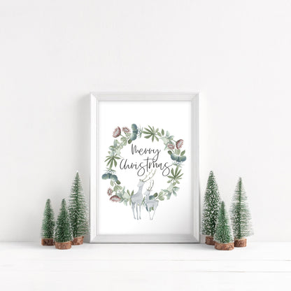Merry Christmas grey and green reindeer watercolour seasonal unframed wall art poster print