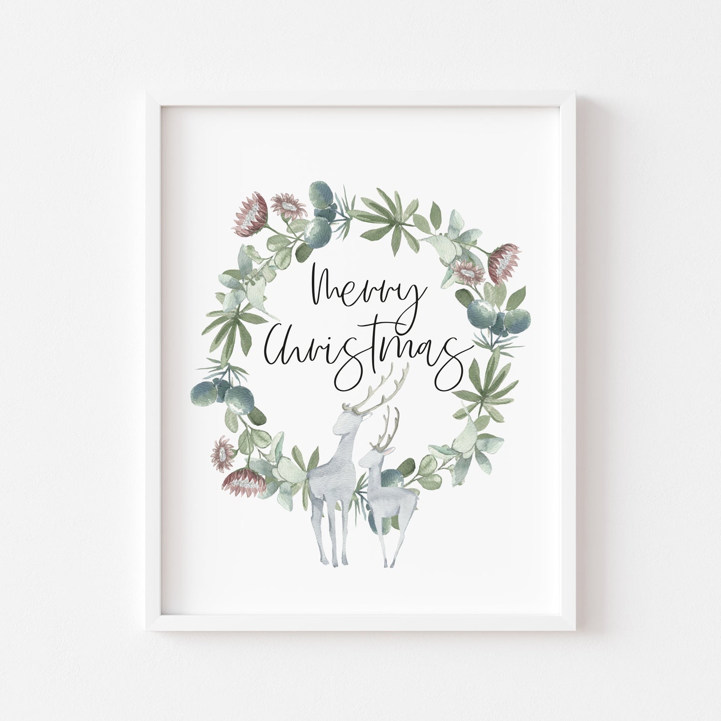 Merry Christmas grey and green reindeer watercolour seasonal unframed wall art poster print