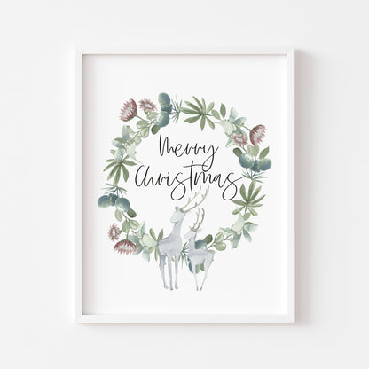 Merry Christmas grey and green reindeer watercolour seasonal unframed wall art poster print