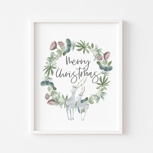 Merry Christmas grey and green reindeer watercolour seasonal unframed wall art poster print