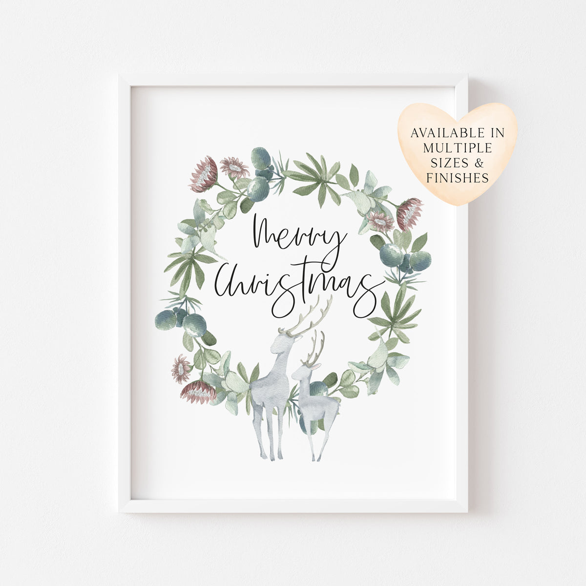 Merry Christmas grey and green reindeer watercolour seasonal unframed wall art poster print