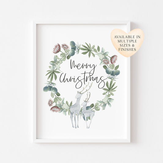 Merry Christmas grey and green reindeer watercolour seasonal unframed wall art poster print