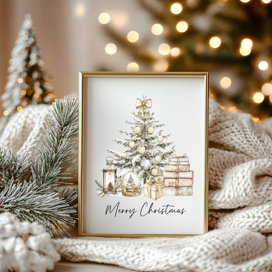 Christmas Print Watercolour Beige white red Xmas Tree Wall Art (unframed)