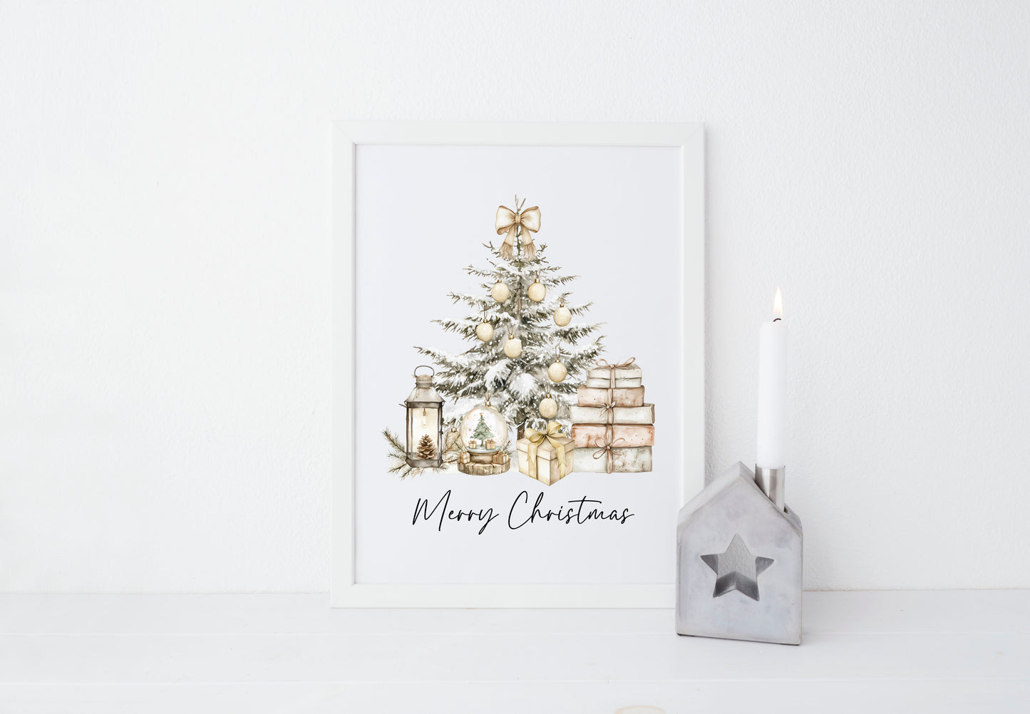 Christmas Print Watercolour Beige white red Xmas Tree Wall Art (unframed)