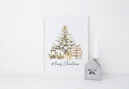 Christmas Print Watercolour Beige white red Xmas Tree Wall Art (unframed)