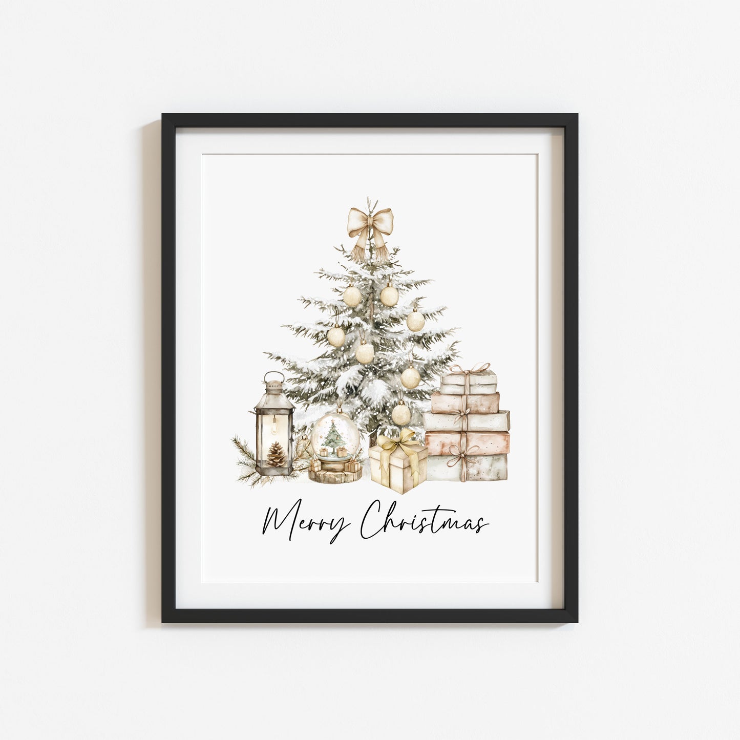 Christmas Print Watercolour Beige white red Xmas Tree Wall Art (unframed)