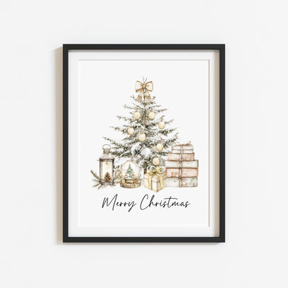 Christmas Print Watercolour Beige white red Xmas Tree Wall Art (unframed)