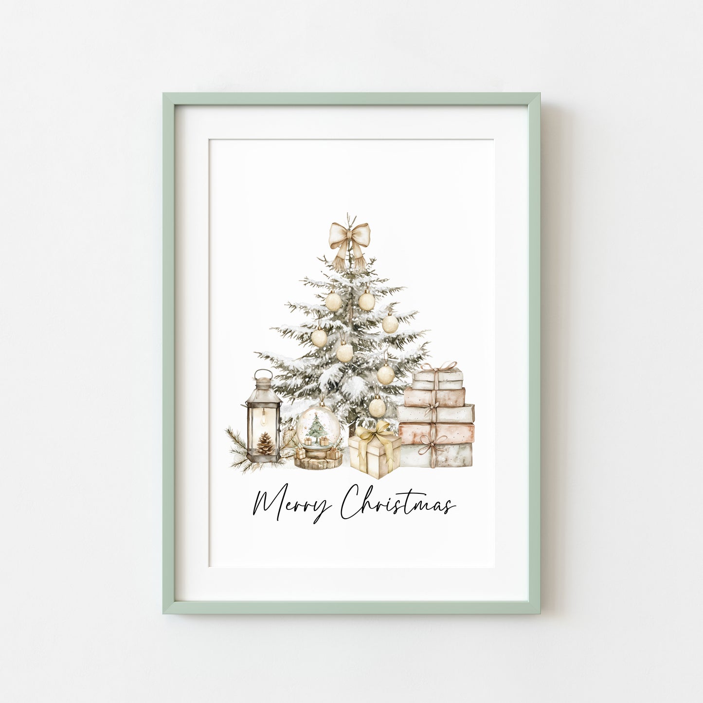 Christmas Print Watercolour Beige white red Xmas Tree Wall Art (unframed)