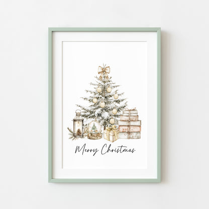 Christmas Print Watercolour Beige white red Xmas Tree Wall Art (unframed)