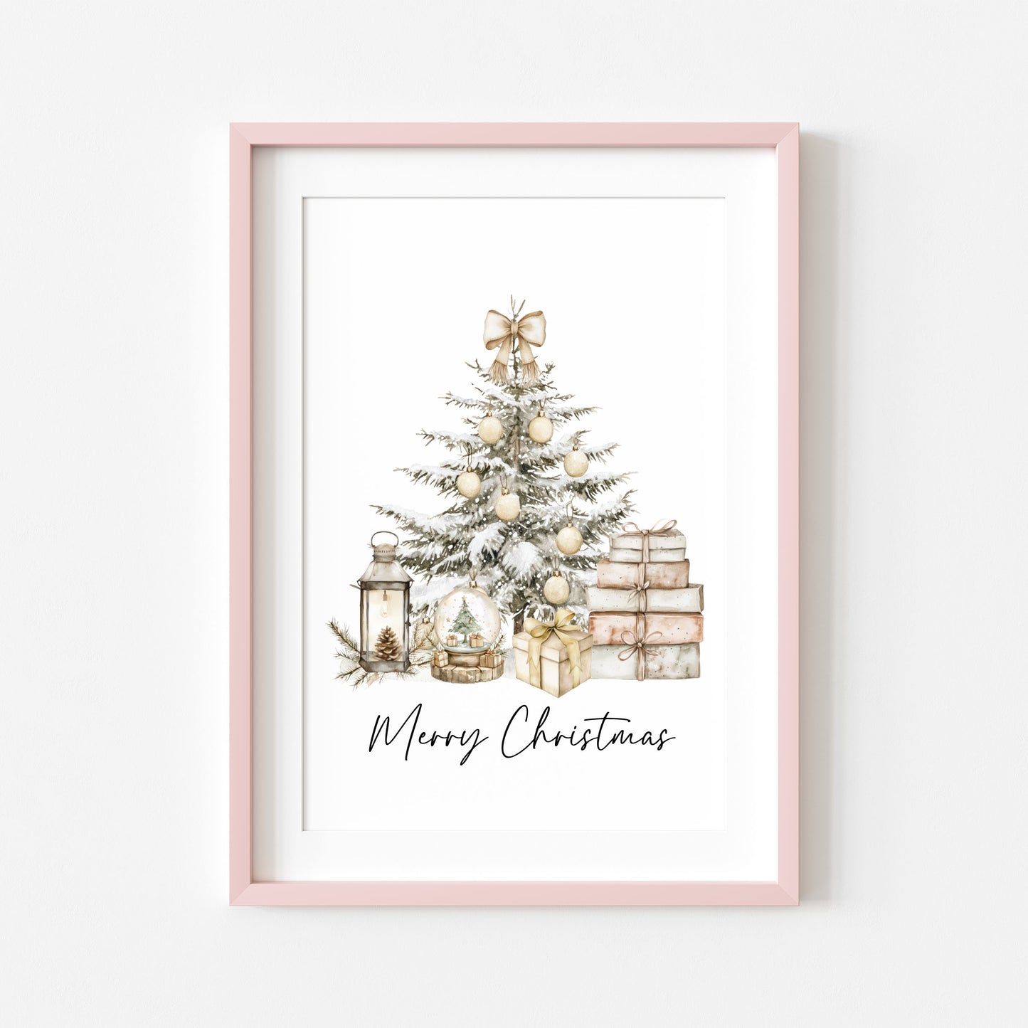 Christmas Print Watercolour Beige white red Xmas Tree Wall Art (unframed)