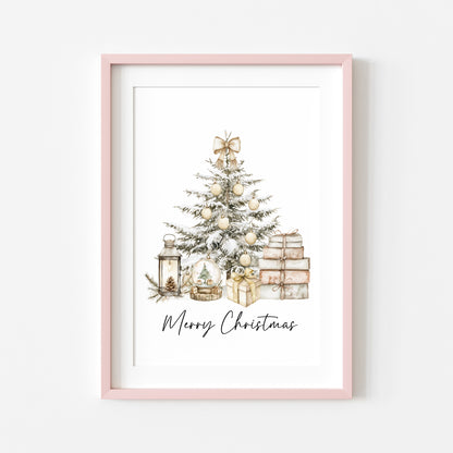 Christmas Print Watercolour Beige white red Xmas Tree Wall Art (unframed)