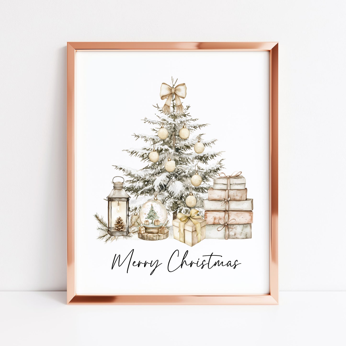 Christmas Print Watercolour Beige white red Xmas Tree Wall Art (unframed)