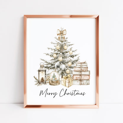 Christmas Print Watercolour Beige white red Xmas Tree Wall Art (unframed)